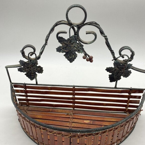 Wall Pocket Basket Semicircle Wood‎ Metal Grape Leaf Scroll Stick Slats Wine - Picture 11 of 15